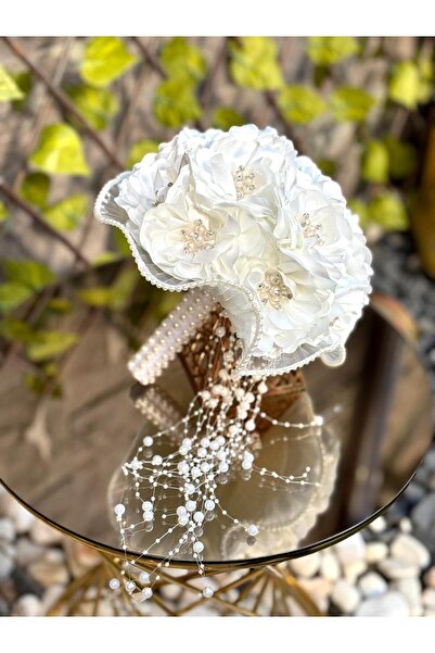 GÜRLEK TEKSTİL İncili Gelin Çiçeği Yeni Sezon Plisel Tüllü Gelin Buketi