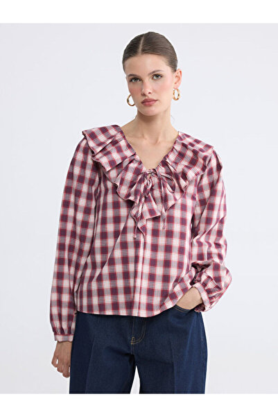 LC Waikiki V Planting Flounced Plaid Embroidered Blouse for Style Seekers fro...