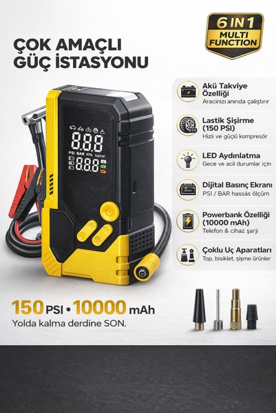 MO DOU Taşınabilir Akü Takviye Cihazı & Hava Kompresörü 150 PSI Dijital Ekranlı Powerbank Özellikli
