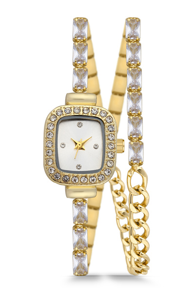 Newera Watch ساعة يد نسائية مستطيلة الشكل بتصميم بسيط مع سوار مرصع بالأحجار