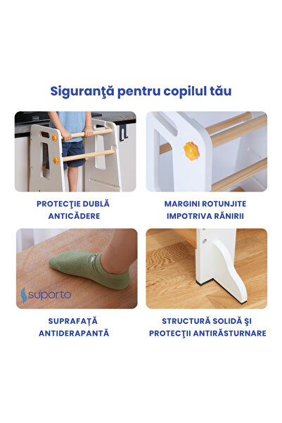 Suporto Turn de Învățare pentru Copii, Treaptă Reglabilă, Balustrade, Alb/Maro