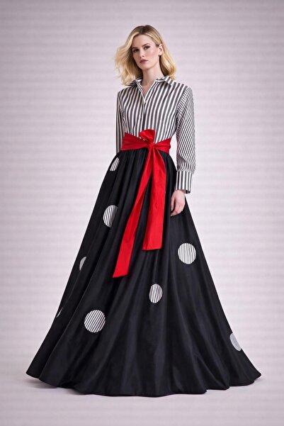 ALYEL NAKER Striped Taffeta Maxi Taffeta Special Design Shirt Dress with Polk...