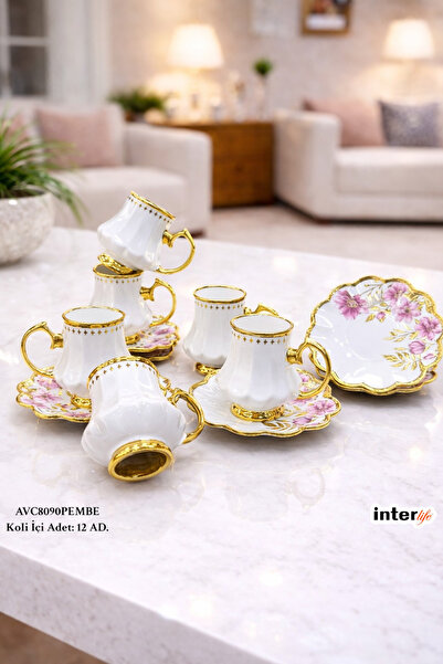 İnterlife Çiçek Desenli Altın Detaylı Porselen Türk Kahvesi Fincan Takımı 12 ...