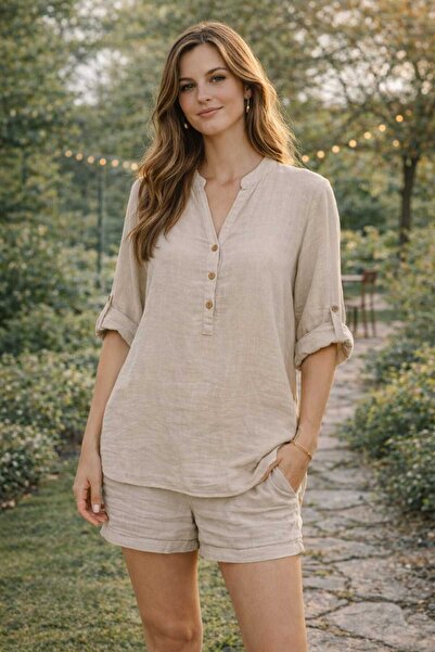 Butik Şans Women's Comfortable Fit Button Detailed Oversize Shirt Blouse