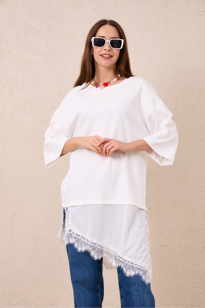 Clothes Fast Γυναικεία λευκή ασύμμετρη δαντελένια μπλούζα με λεπτομέρειες, ov...