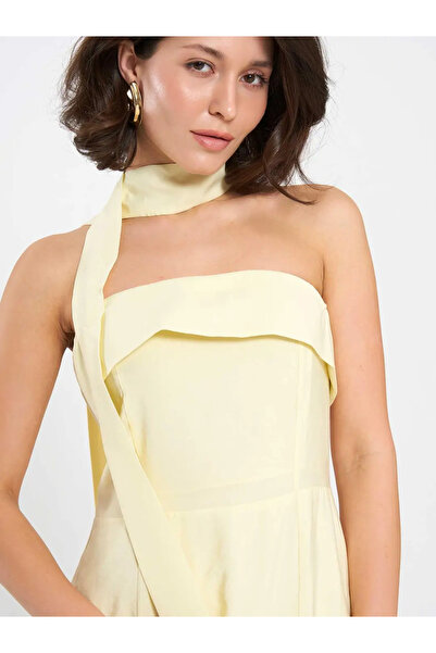 BIGNUANCE Soft Yellow Strapless Buttoned Slit Detailed Long Dress Casual Comf...