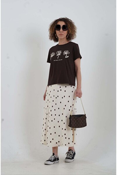 Zelish My Sister Καφέ Σατέν Φούστα με Πουά Σχέδιο