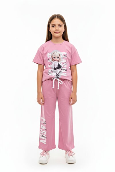 Toontoy Set de trening din 2 piese pentru fete, tricou imprimat cu mânecă scu...