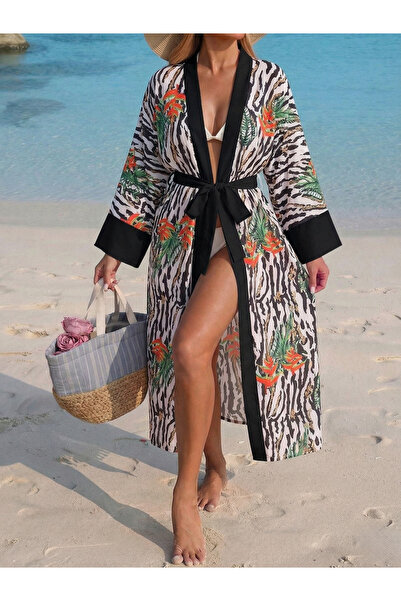 mass fashion Kadın Desenli Kuşaklı Kimono