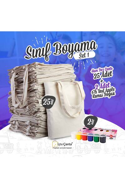 Pamusan Sınıf Boyama Set 1 - 25 Adet Ham Bez Çanta / 2 Adet 6'lı Kumaş Boyası