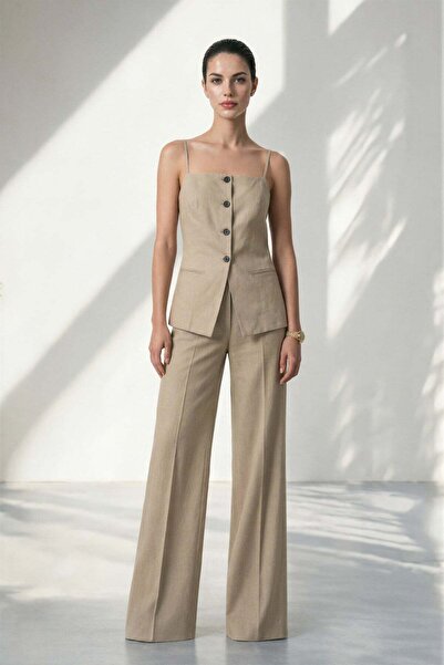 Setre Bej %100 Keten İnce Askı Ve Düğme Detaylı Yelek Rahat Kesim Pantolonlu ...