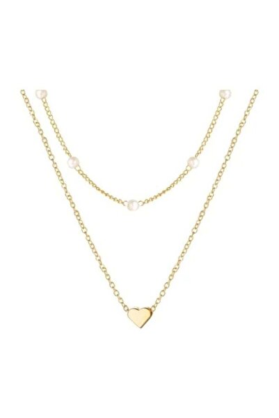 huitich Elegant Double Layer Gold Necklace with Pearls & Heart Pendant