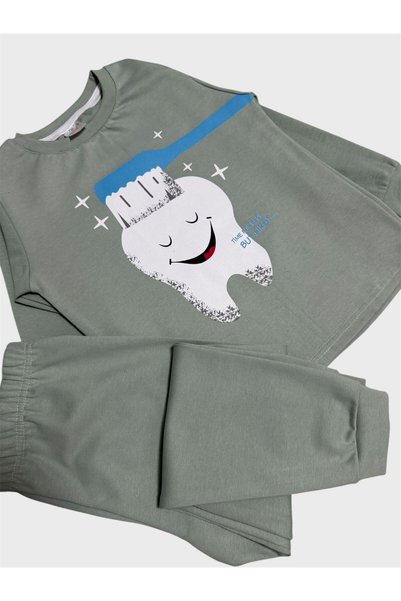 elmas kids Boy's 100% Cotton Green Toothbrush Patterned Long Sleeve Pajama Set