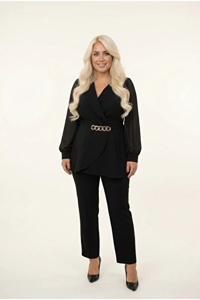 hazelin Costum de seară pentru femei, negru, mărime mare, cu mâneci din șifon...