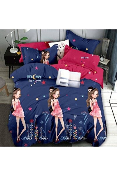JOJO HOME Set de lenjerie de pat dublu, albastru indigo cu prințese