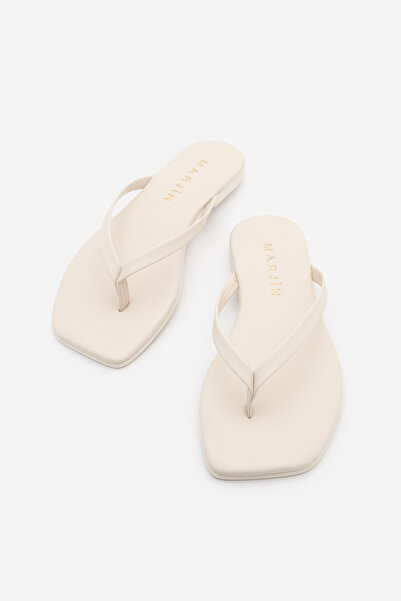Marjin Women's Thin Strap Flip-Flops with Blunt Toe Casual Slippers Nelvin Ecru