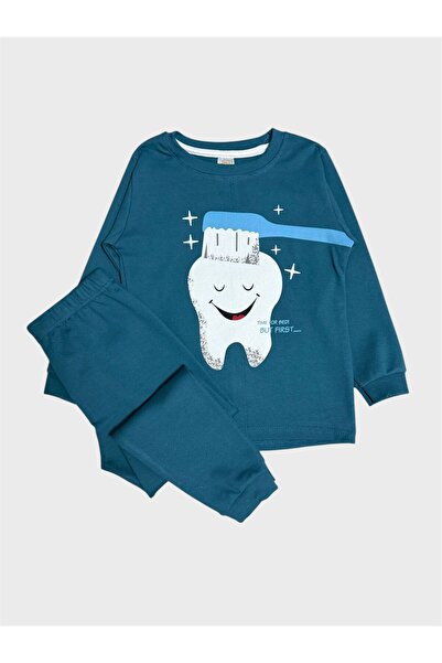 elmas kids Момчешки комплект пижама от 100% памук, петролно зелен, с десен на...