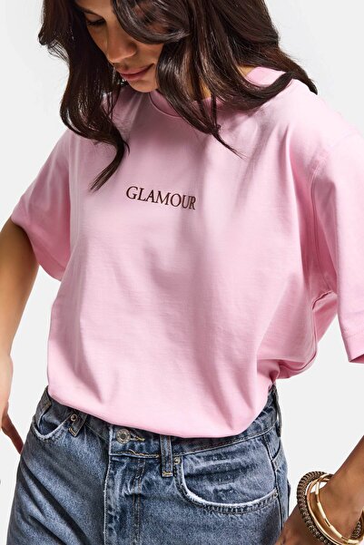 it's basic Γυναικείο ροζ μπλουζάκι s6-98 Oversize Glamour με στάμπα, 100% βαμ...