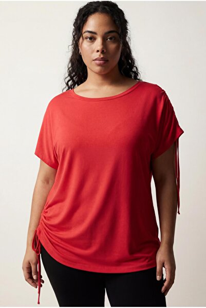 Ebsumu Women's Plus Size Red Blouse with Drawstring Detail