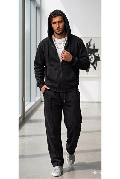 NO 601 Men's Black Oversize Combed Cotton Fabric Cardigan & Sweatpants Set
