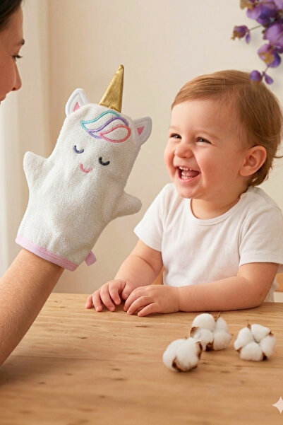100% Cotton Baby Bath Pouch Hand Puppet Unicorn – Soft Skin Friendly Fun Bathing Gloves