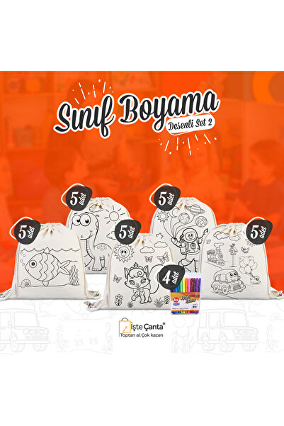 Pamusan Sınıf Boyama Desenli Set 2 - 25 Adet Boyanabilir Büzgülü Çanta / 4 Ad...