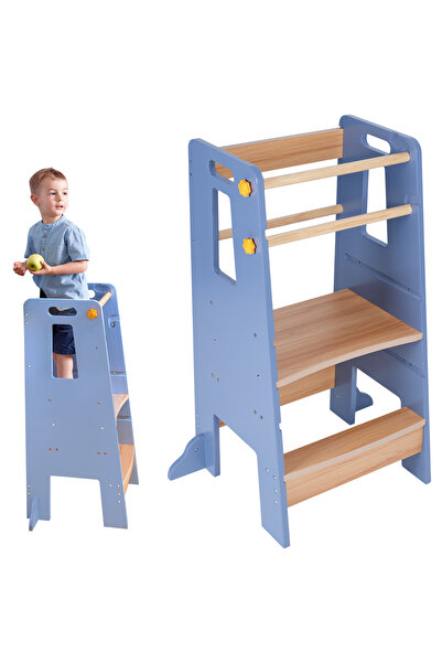 Suporto Children's Learning Tower, Adjustable Step, Railings, Blue/Brown