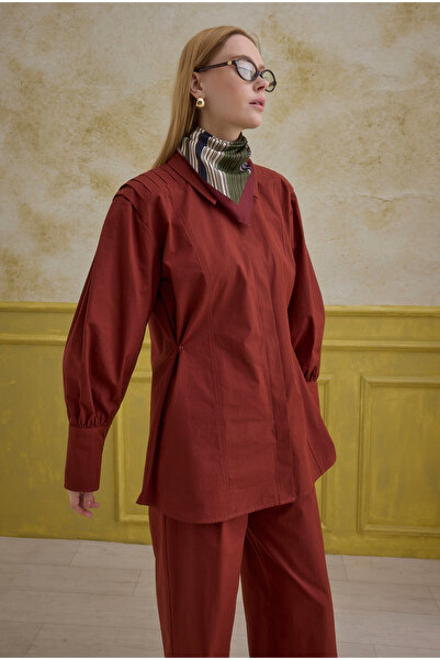 HEQA Cămașă 100% bumbac cu pliuri la spate, roșu claret