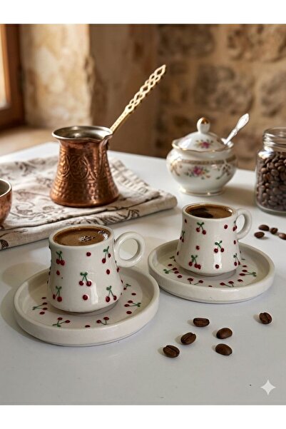 Si Sorti Ceramics El Yapımı Kiraz Desenli Seramik Kahve Fincan Takımı