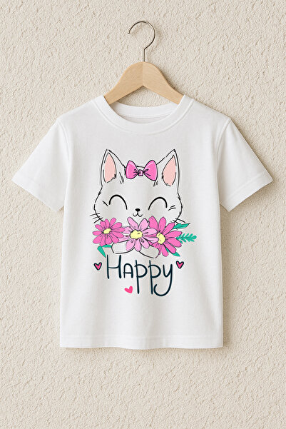 MYADA تي شيرت مطبوع عليه Happy Cat مصنوع من القطن بنسبة 100% عالي الجودة 23947