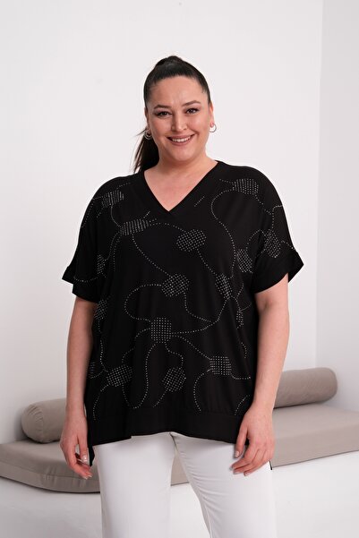 Şans Γυναικεία Μαύρη Μπλούζα Μεγάλου Μεγέθους με Χαμηλό Μανίκι και Λεπτομέρει...