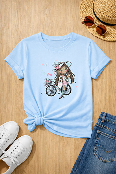 MYADA Tricou pentru copii, imprimat cu o fată pe bicicletă, 100% bumbac premi...