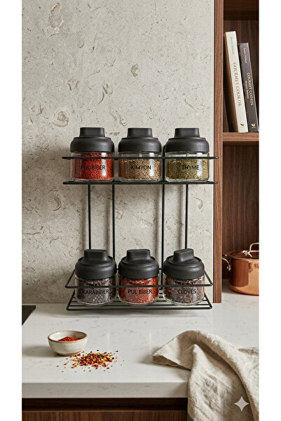 Patulya Aksesuar Two-Tier Metal Spice Stand with 6 Adhesive Glass Jars and 4 ...