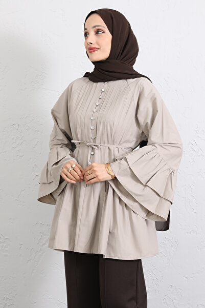 Salih Çelebi Volan Sleeve Ribbed Tunic Y0104 - Stone Color