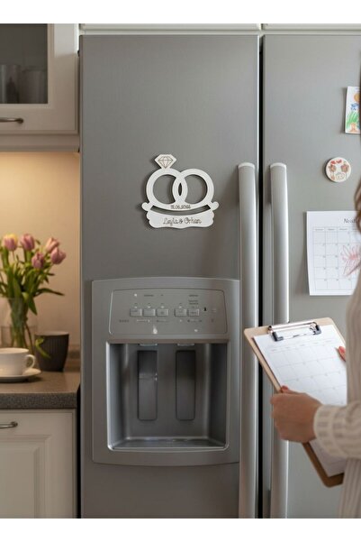 FOTO SHOP Kişiye Özel Çift Yüzük Tasarımlı İsimli Tarihli Buzdolabı Magneti 5...