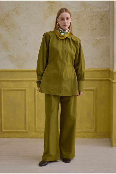 HEQA Cămașă 100% bumbac cu pliuri la spate, verde ulei