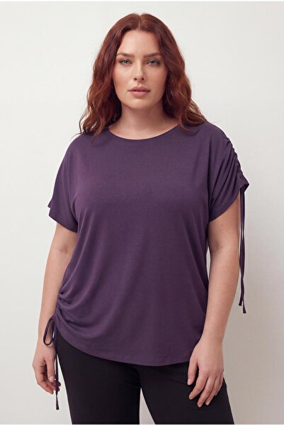 Ebsumu Women's Plus Size Drawstring Detailed Purple Blouse