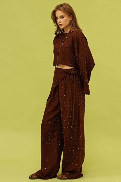 vuvutasarım New Season Stone Detailed Muslin Fabric Tied Women's Trousers 36642