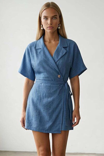 Trend Alaçatı Stili Indigo Jacket Collar Oversize Linen Shirt and Tie-Up Shor...