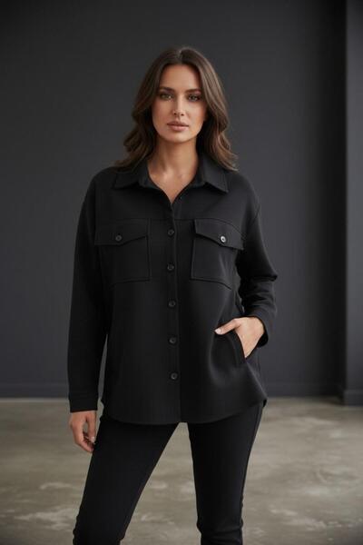KLAPA Classic Pattern Black Shirt Jacket with Flap Pockets