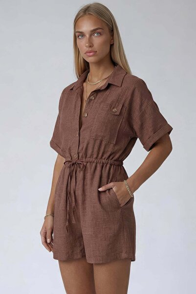 Trend Alaçatı Stili Milky Brown Shirt Collar Double Pocket Linen Shorts Overalls