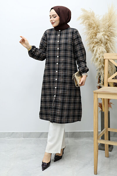 Tesettür Dünyası Buttoned Plaid Suit Tsd260154 Bitter Brown