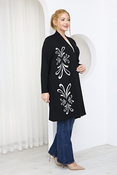 Siyezen Plus Size Cardigan with Floral Pattern on the Side and Stones