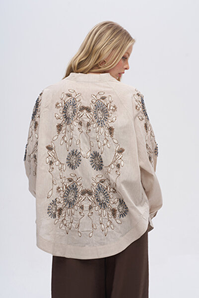 Orfeo Negro Women's Oversized Kimono with Floral Embroidery and Stone Embelli...