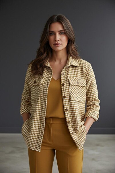 KLAPA Classic Pattern Goose Feet Pattern Yellow-White Shirt Jacket with Pocket