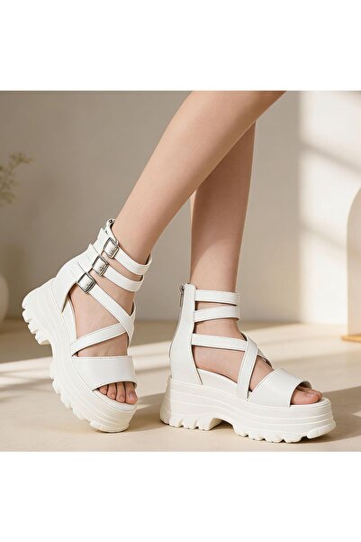 Tmall Дамски сандали, масивна подметка, изкуствена кожа, SA102, бели