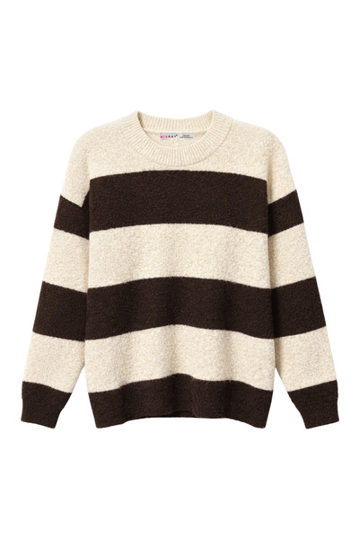 Mixray 7018 Pulover de bază cu dungi, cu textură moale, amestec de lână, maro