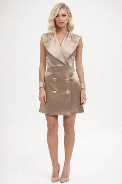 ALYEL NAKER Beige American Satin Mini Jacket Dress with Cut-Out Detail on One...