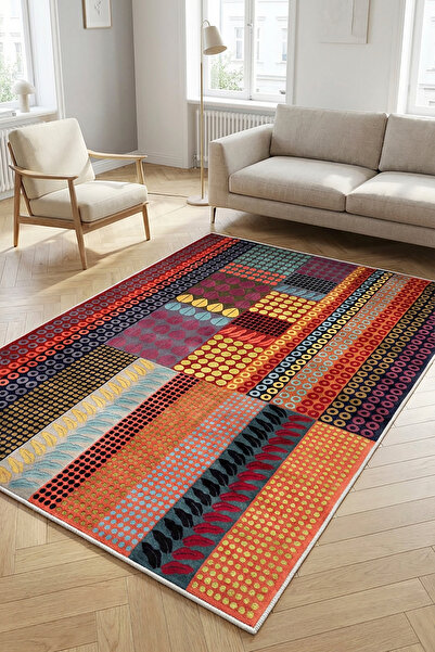 Decomia Home Dijital Kaymaz Yıkanabilir Renkli Etnik Retro Salon Halısı Mutfa...
