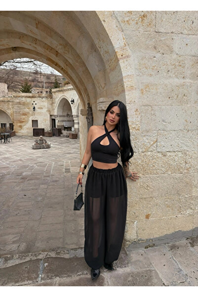 kırmızı butiks Μαύρο παντελόνι σαλβάρι με επένδυση